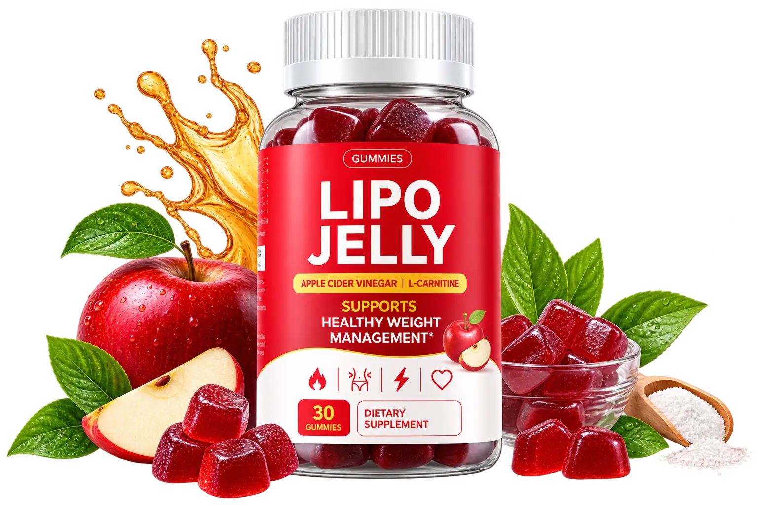 LipoJelly Apple Cider Vinegar gummy bottle with fresh apples